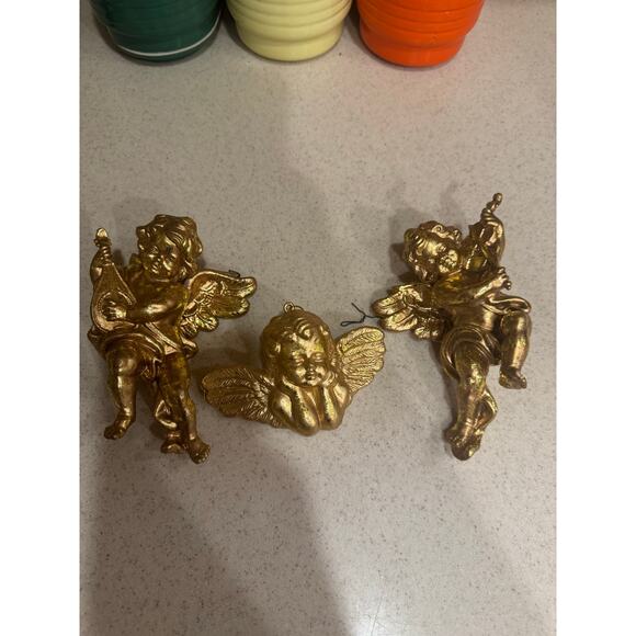 Set Of 3 Gold Tone Cherub Angel Christmas Ornaments Hanging Molded Plastic - Picture 1 of 8